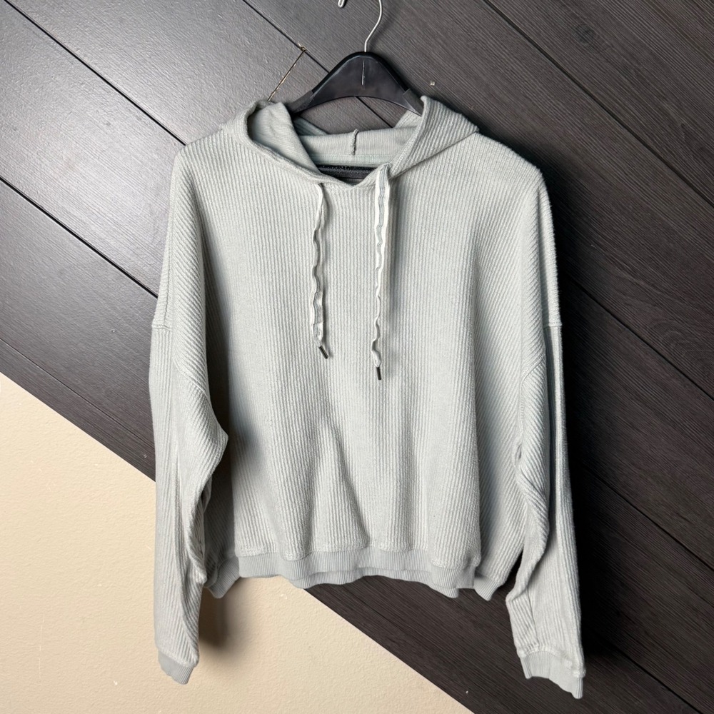 Aerie Women's Cropped Ribbed Hooded Pullover Hoodie XXL‎ Light Sage Minimalist